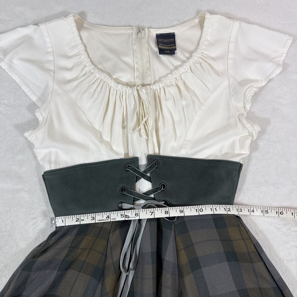 Her Universe OutlanderDress Womens Sz S White Gray Brown Tartan Lace Up Hi Low - Picture 11 of 12